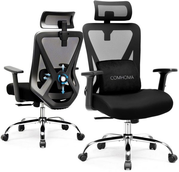 COMHOMA Bürostuhl Ergonomischer Schreibtischstuhl mit 3D Lendenwirbelstütze & Kopfstütze (Packung), verstellbare Armlehnen, Office Chair mit Wippfunktion