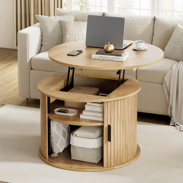 FABATO Couchtisch Runder Couchtisch mit Lift-Funktion & gewelltem Holzdekor (1-St, mit verstecktem Stauraum, offenem Regal), drehbarer Schiebetür als kleiner Esstisch fürs Wohnzimmer