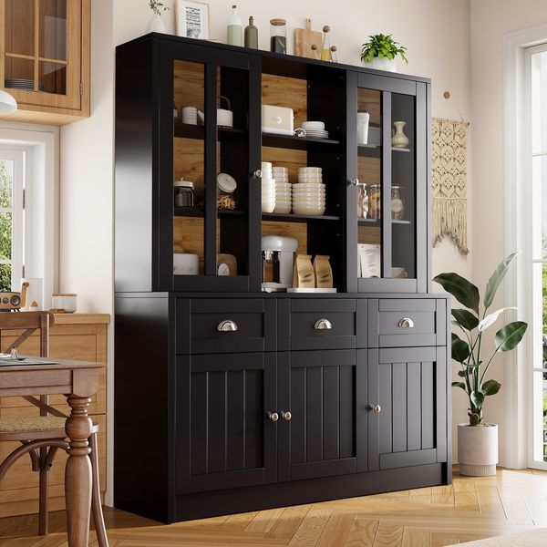 Hochschränke fürs Wohnzimmer(140×38.5×175cm), Vitrinenschrank,Küchenschrank,Esszimmerschrank mit Schubladen, Moderner Minimalistischer Hochschrank, Standvitrine für Küche Wohnzimmer Esszimmer, Schwarz