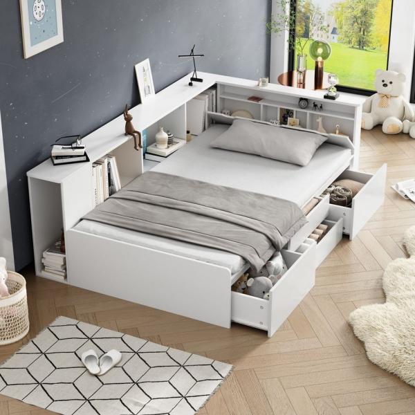 HAUSS SPOLE Kinderbett 90x200 cm mit Schubladen,Bücherregal, Stauschrank, ohne Matratze weiß (ohne Matratze), mit Schubladen,Bücherregal und Stauschrank