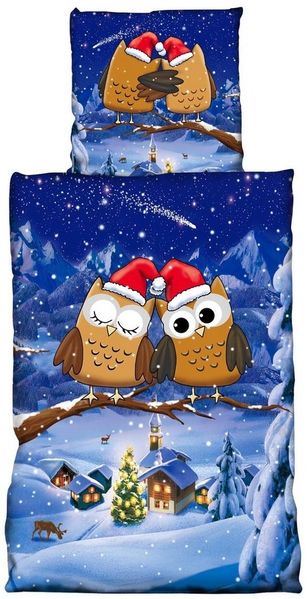 One Home Bettwäsche Winter Eulen, Fleece, 2 teilig, Weihnachten und Winterdorf, kuschelig flauschig warm weich Winter