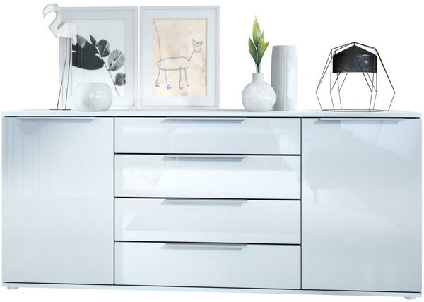 Vladon Sideboard Linio V2 166,5 x 72,5 x 35 cm Anrichte mit 2 Türen und 4 Schubladen, Korpus in Weiß matt, Fronten in Weiß Hochglanz