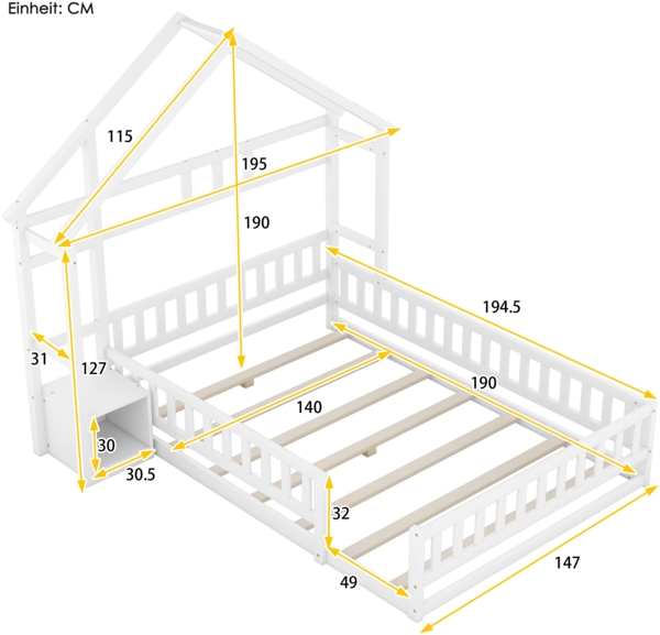 Merax Kinderbett 140x190cm Massivholzbett Hausbett mit Nachttisch und Lattenrost, weiß Bild 4