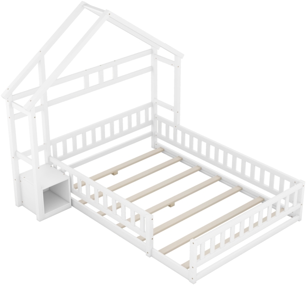 Merax Kinderbett 140x190cm Massivholzbett Hausbett mit Nachttisch und Lattenrost, weiß Bild 9