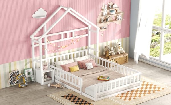 Merax Kinderbett 140x190cm Massivholzbett Hausbett mit Nachttisch und Lattenrost, weiß Bild 8