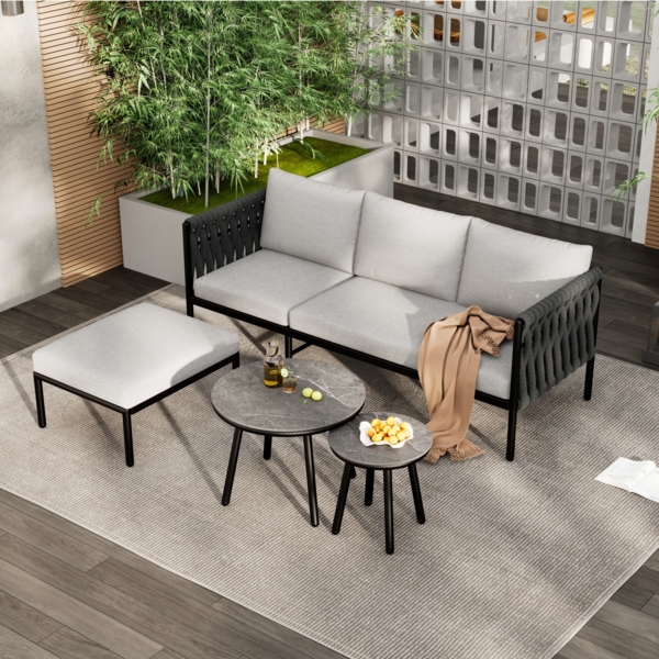 Merax Gartenlounge-Set 4 Personen, Gartengarnitur aus Seil, Tischplatte mit Marmormuster, Gartenmöbelset 4-tlg, Balkonmöbelset Terassenmöbelset Grau