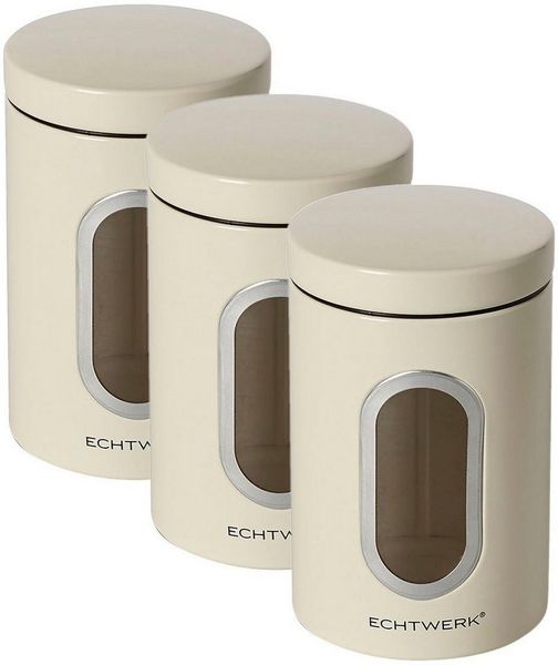 ECHTWERK stilvolle Vorratsdosen 3er Set-Creme, zur Aufbewahrung von Mehl/Zucker/Müsli/Tee, Metalldose mit Luftdichtem Deckel und großem Sichtfenster, Fassungsvermögen 1, 4L, Iron, 3