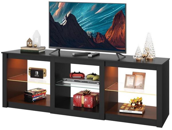 WLIVE Lowboard TV-Schrank mit RGB-LED (22 Modi), 3 offene Fächer & verstellbare (Länge 166 cm, Schwarz, TV Board für 55/60/ 65/70/75/Zoll Fernseher), 166 x 39 x 56 cm, modern & stabil