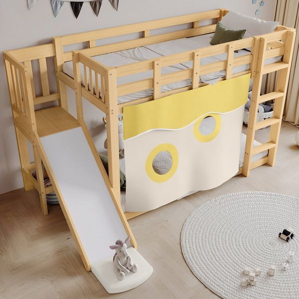 Merax Etagenbett 90x200cm mit Bettvorhängen (Jugendbett Doppelbett, 1-St), Kinderbett mit Rutsche, Leiter & Schutzgittern, Stockbett, Kiefernholz
