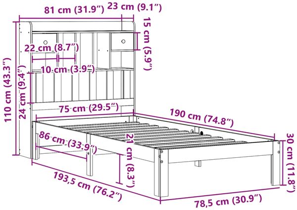 vidaXL Massivholzbett mit Regal ohne Matratze Wachsbraun 75x190 cm 3322611 Bild 11