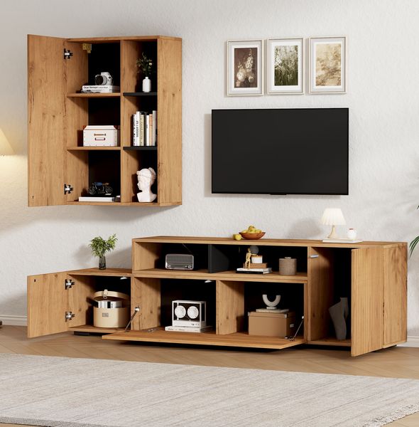 Wohnzimmer TV-Schrank-Set verstellbar & Wandschrank Holzfarbe & Schwarz, 3 Türen, 2 offene Schubladen, 1 halboffenes Regal