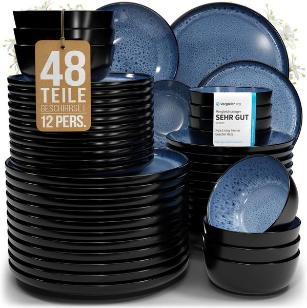 Steingut Geschirrset 12 Pers. Ibiza 48-tlg Hochwertiges Mediterranes TEST SEHR GUT Steingut Geschirr Set - Schüssel- und Teller Set - Tafelservice 12 Personen Geschirrsets Pure Living in Tiefblau
