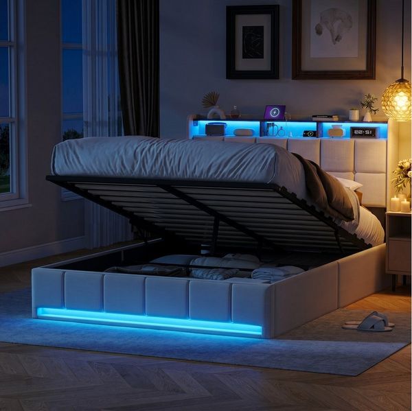 Gdood Polsterbett Doppelbett Stauraumbett LED USB (1-tlg, Leinenmaterial Polsterbett mit RGB Beleuchtung, 160x200 cm), Stauraumbett Hydraulisches Jugendbett