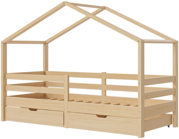 Bellabino 'Abia' Hausbett 90x200 cm mit Matratze und 2 Schubladen, natur, Kiefer Massivholz, Montessori Kinderbett mit Stauraum, inkl. Rausfallschutz und Lattenrost Bild 12