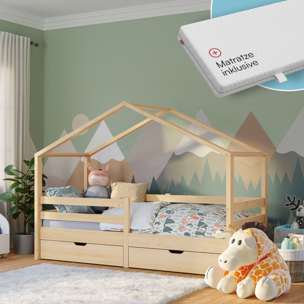Bellabino 'Abia' Hausbett 90x200 cm mit Matratze und 2 Schubladen, natur, Kiefer Massivholz, Montessori Kinderbett mit Stauraum, inkl. Rausfallschutz und Lattenrost