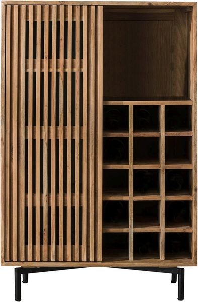Weinschrank Fovale aus massivem Akazienholz, modernes Lamellen-Design, Natur, mit Schiebetür