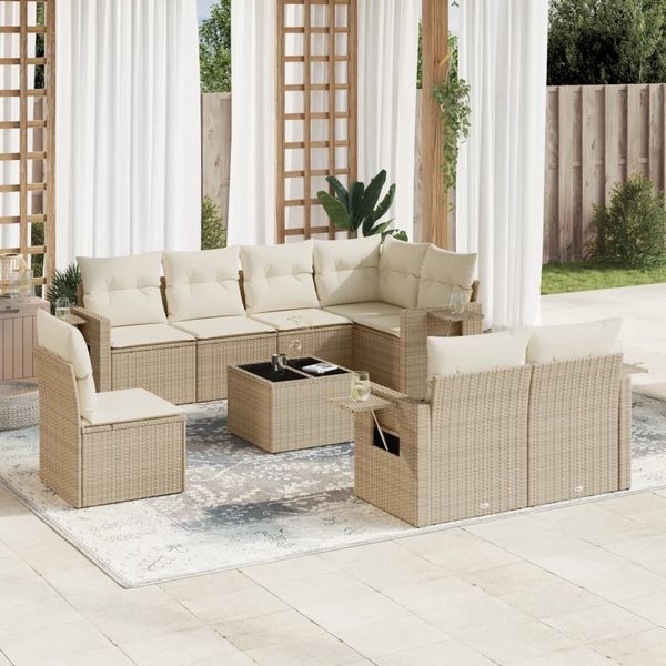 vidaXL 9-tlg. Garten-Sofagarnitur mit Kissen Beige Poly Rattan 3252785