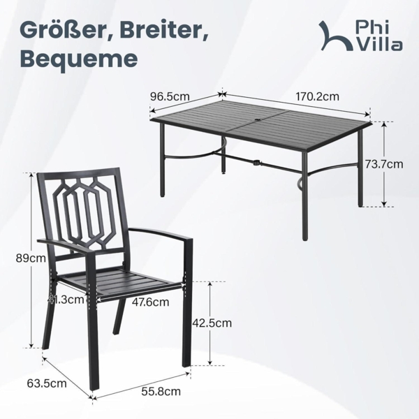 PHI VILLA Gartenmöbel Set Metall 6er Stühle Gartentisch Outdoorsitzgruppe Bild 6
