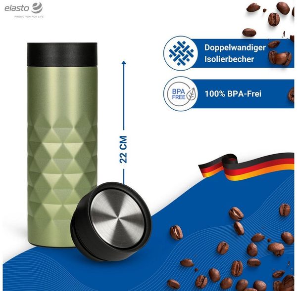 elasto Coffee-to-go-Becher Diamond 360 auslaufsicherer Thermobecher 450 ml, Kaffeebecher to go, Doppelwand, Leicht, Robust, 360 Grad Deckel