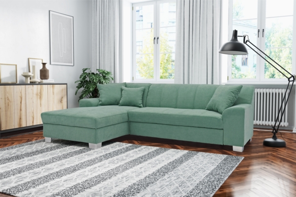 DOMO. collection Ecksofa Capri, Sofa in L-Form mit Schlaffunktion und Füßen aus Chrom, Schlafsofa, Eckcouch, Polsterecke, Couch 239 x 152 x 75 cm (BxTxH), mint