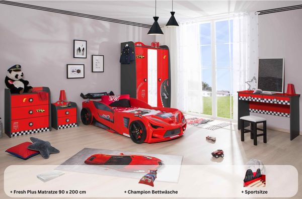 Kinderzimmer komplett Set mit Autobett Rio 5 teilig Rot