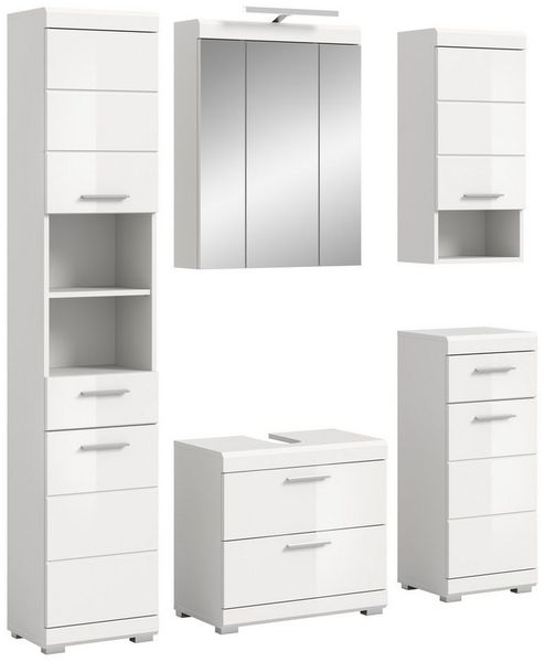welltime Badmöbel-Set SIENA, 5 teilig, inklusive LED Beleuchtung, bestehend aus:, (Set, 5-St, TOPSELLER), Hochschrank, WBU, Spiegelschrank, Unterschrank, Hängeschrank