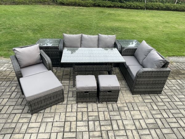 Fimous 9 Teil Garten Rattanmöbel Esstisch Sofa Set mit Liegestuhln 2 Beistelltischen 3 Fußhockern Dunkelgrau gemischt