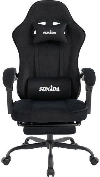 Ergonomischer Gaming Stuhl Stoff Schwarz Fußstütze Lordosenstütze