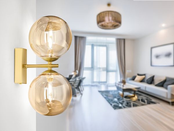 LED Wandleuchte in Gold mit Glaskugeln in Bernstein, Höhe 34cm