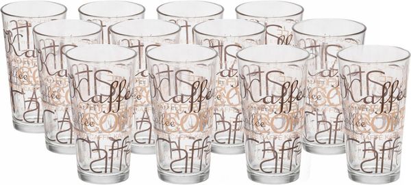 Bormioli Rocco Longdrinkglas Longdrinkbecher 370 ml Latte Macchiato, 12 Stück, 12-tlg, Glas, Coffee-Dekor, stapelbar, spülmaschinengeeignet