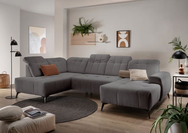 Cord Wohnlandschaft mit Elektrofunktion in Grau: Sano
