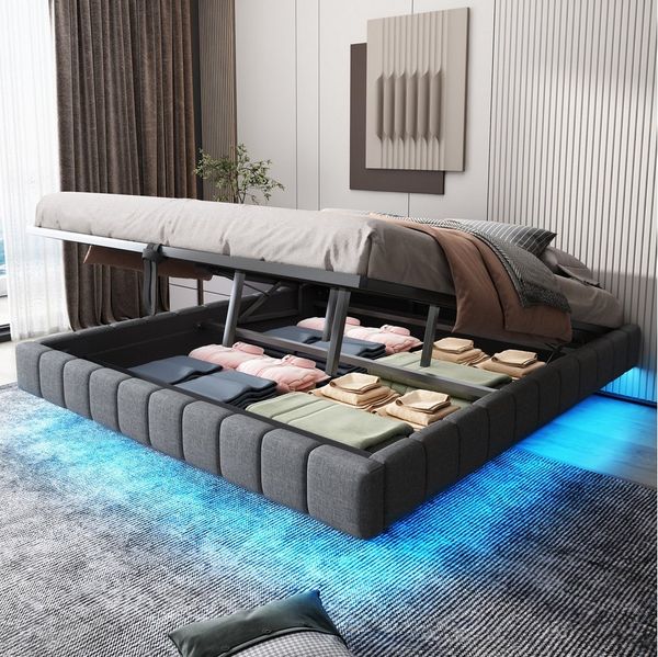 Furnishings Home Polsterbett hydraulisches Doppelbett mit Stauraum + LED-Licht (Set, Set, Bett), Hausbett, mit Bettkasten 180x200cm Leinen
