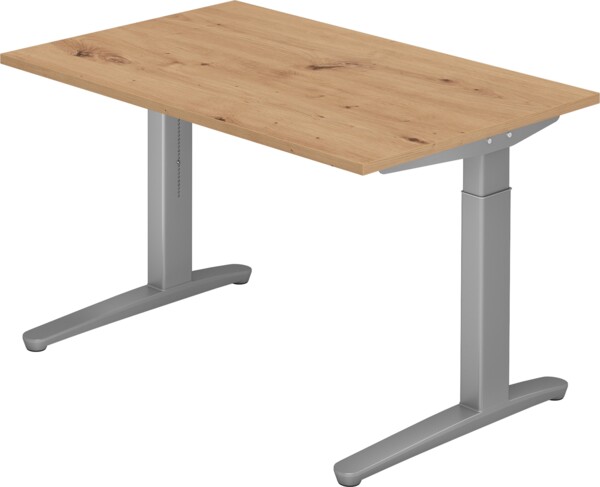 bümö manuell höhenverstellbarer Schreibtisch 120x80 in Asteiche, Gestell in silber - PC Tisch höhenverstellbar & klein, höhenverstellbarer Tisch Büro, kleiner Computertisch verstellbar, X12-R-SS