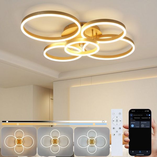 ZMH LED Deckenleuchte Wohnzimmerlampe Dimmbar 78W, 3000-6500K, 5-Ringen Gold Modern Acryl mit Fernbedienung