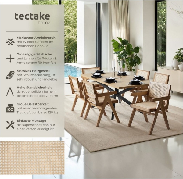 tectake Esszimmerstuhl Holzstuhl Lissy mit Wiener Geflecht im Boho-Stil (Set, 4 St), Breite Rückenlehne und bequeme Sitzfläche mit Armlehnen