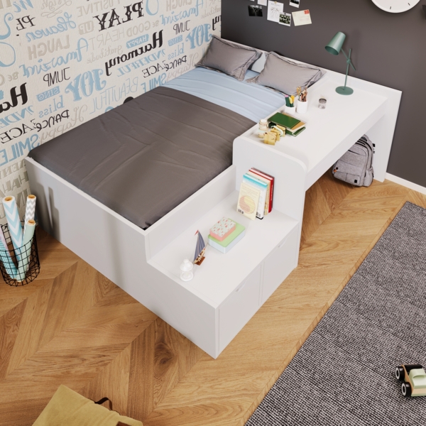 Bett 90x200 cm mit Schreibtisch und Stauraum – Massivholz/MDF, weiß