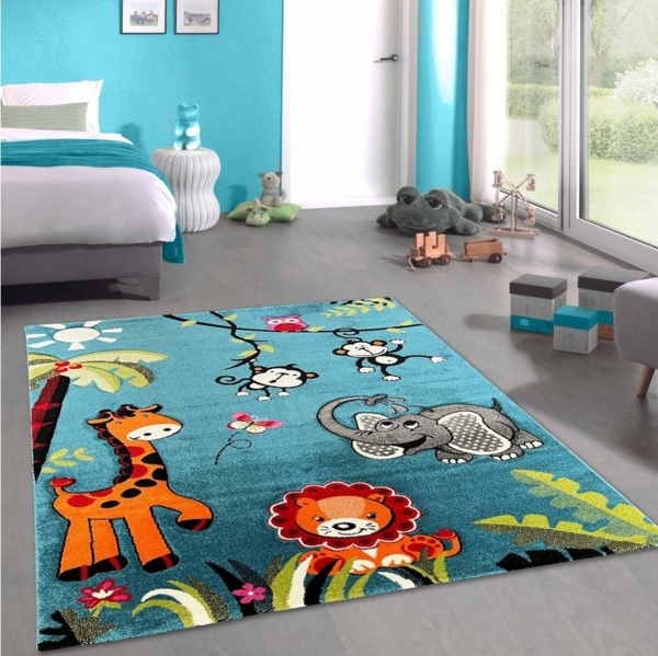 Carpetia Kinderteppich Kinderspiel Teppich mit Zootier-Motiv in blau, rechteckig, Höhe: 13 mm