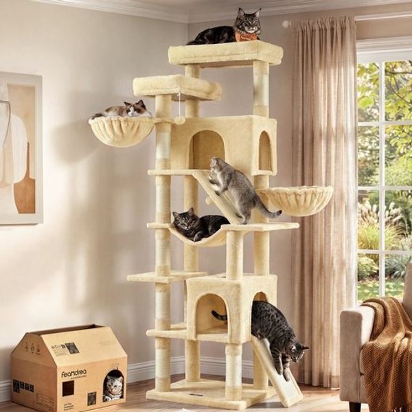 FEANDREA Kratzbaum XXL für Große Katzen mit 7 Ruhezonen und Sisal 55 x 45 x 206 cm Beige
