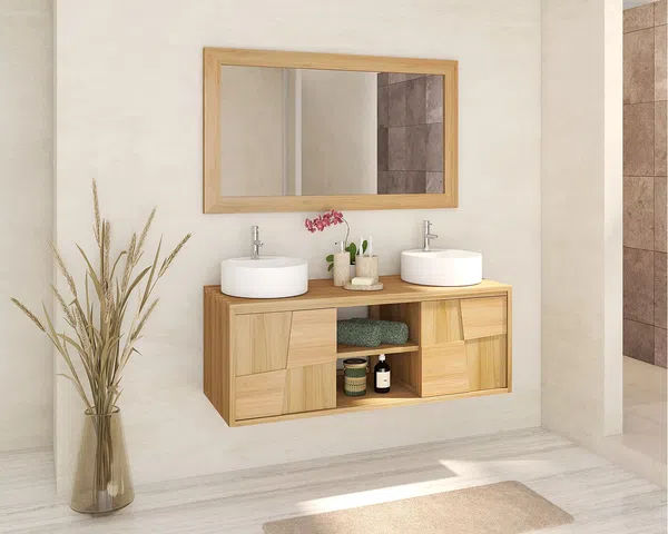 Vente-unique - SUMBAWA Waschbeckenmöbel Holz, Platte Beige - B 50 cm x H 45 cm x L 120 cm