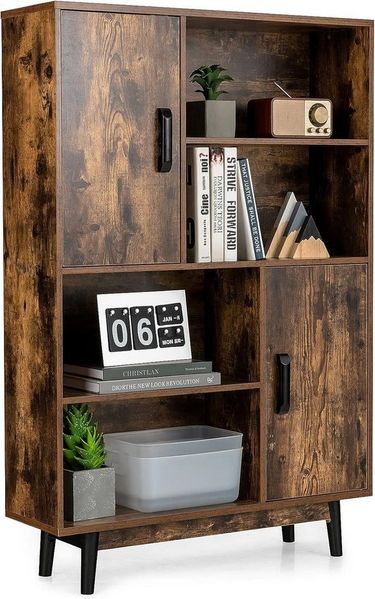 COSTWAY Bücherschrank mit 2 Türen und 4 offene Regale, Bücherregal Holz, Standregal Holzregal Aufbewahrungsregal für Wohnzimmer, Arbeitszimmer 80 x 24 x 120 cm (Kaffee)