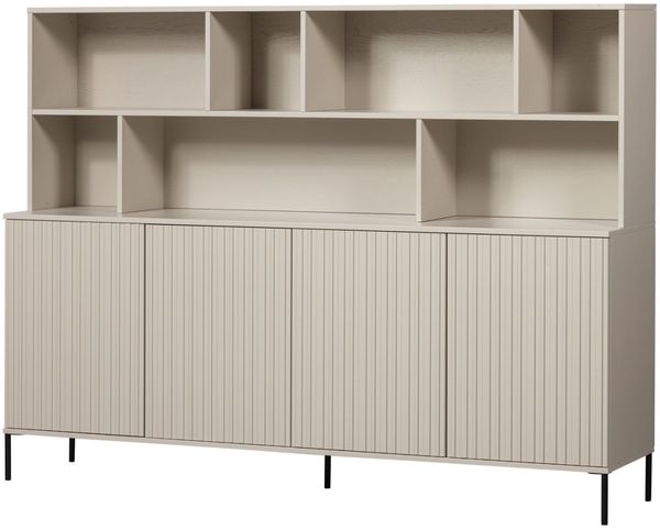 Wandschrank Gravure aus Kiefernholz, skandinavisches Design, hellgrau Dust, Push-to-Open-System