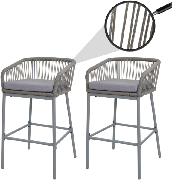 2er-Set Rope-Barhocker HWC-O22, Tresenhocker, Outdoor Sitzpolster Seilgeflecht Metall ~ hellgrau, Kissen hellgrau