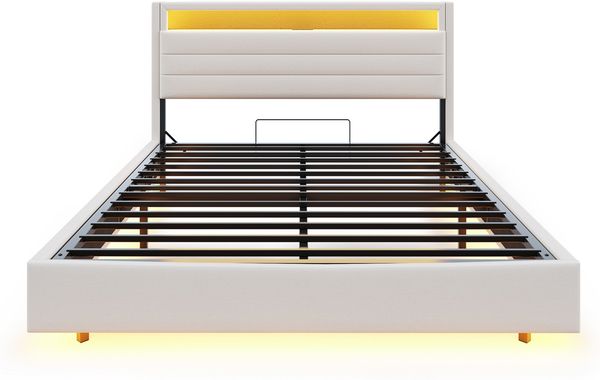 Polsterbett 140x200 cm, Hydraulisches Schwebender Bettrahmen mit Stauraum, Multifunktionales Polsterbett mit USB-Steckdose und LED-Licht, Wendekopfteil, Leinen Beige Bild 10