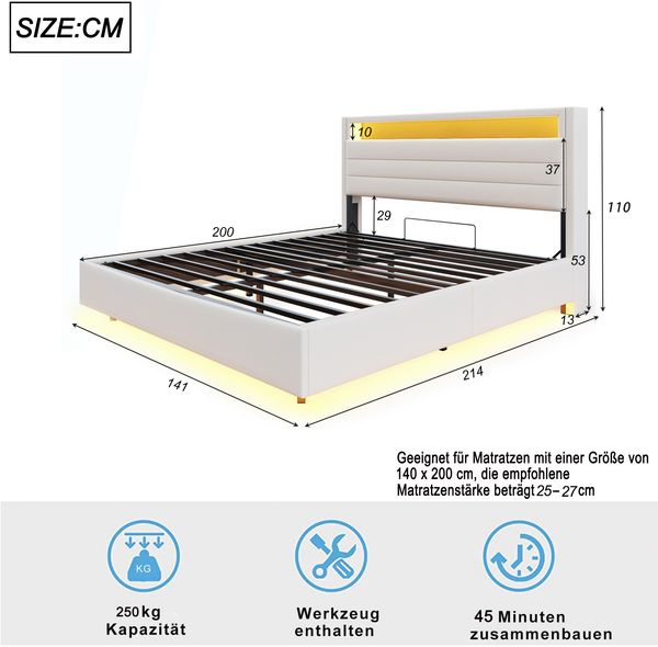 Polsterbett 140x200 cm, Hydraulisches Schwebender Bettrahmen mit Stauraum, Multifunktionales Polsterbett mit USB-Steckdose und LED-Licht, Wendekopfteil, Leinen Beige Bild 8