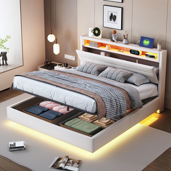 Polsterbett 140x200 cm, Hydraulisches Schwebender Bettrahmen mit Stauraum, Multifunktionales Polsterbett mit USB-Steckdose und LED-Licht, Wendekopfteil, Leinen Beige