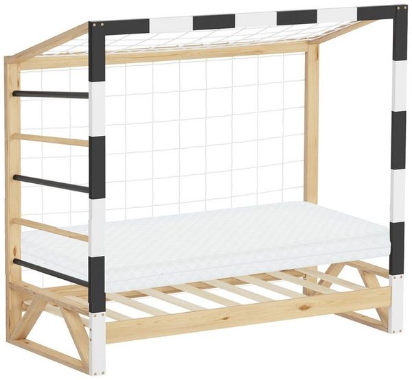 ML-DESIGN Spielbett Kinderbett Fußballtor Holzbett mit Lattenrost Kletterleiter & Netz, Abenteuerbett 70x140cm Natur Handballtor aus Kiefernholz mit Matratze