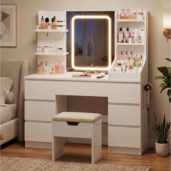 HOMALL Schminktisch Spiegel mit LED-Beleuchtung, 7 Schubladen (Maße: 110 × 40 × 139 cm, drei einstellbare Farbtemperaturen, mit 8 offenen Ablagefächern, 6 Schmuckhaken, 2 Steckdosen, 1 USB-Anschluss, 1 Typ-C-Anschluss und einer Haartrocknerhalterung)