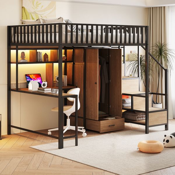 Metall-Hochbett 140 x 200 cm Mit Schreibtisch, Regal, Kleiderschrank und Schubladen, Mit Aufbewahrungsleiter und Sicherheitsgeländer, Komplett Mit Ladebuchse und LED-Beleuchtung, Schwarz