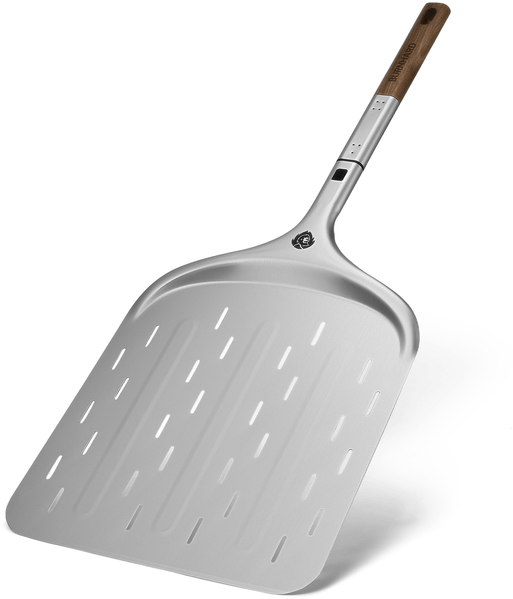 BURNHARD® Pizzaschieber Pizza Peel, Aluminium-Schaufel mit Perforation & Akazienholz-Griff, inkl. Steckmechanismus, temperaturbeständig für Pizzaofen – 67 cm x 29 cm x 1,6 cm - Silber - #944651