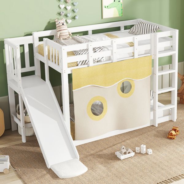 Kinder Etagenbett 90x200 mit Rutsche und Treppe, Hochbett mit Vorhang, Spielbett Schlafbett Kinderzimmermöbel, weiß